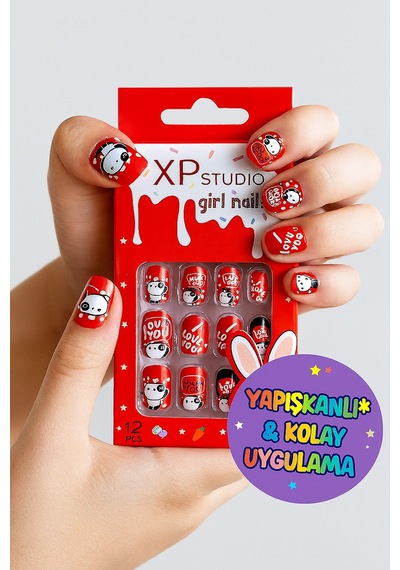 12 Li Yapışkan Stickerlı Renkli Baskılı Çocuk Takma Tırnak Oyuncak Seti - 5- 14 Yaş Arası - Model 49
