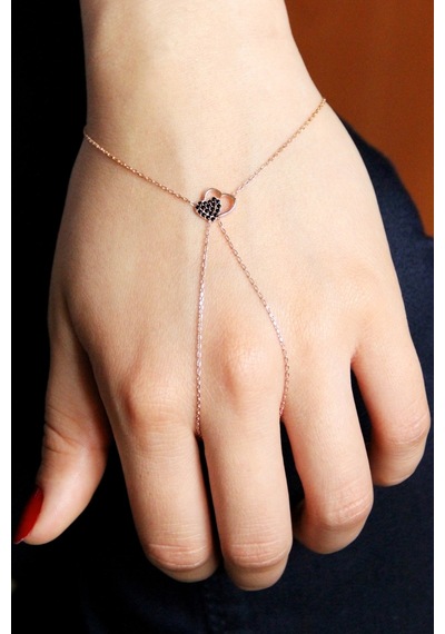 Siyah Taşlı Kalp Motifli Gümüş Şahmeran Rose Gold