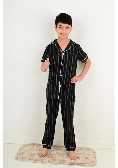 Vitmo erkek çocuk kısa kollu düğmeli pijama takımı atlas model siyah
