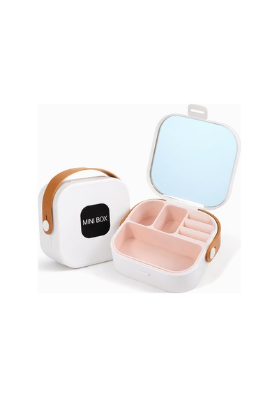 Premium Mini Takı Kutusu Aynalı Seyahat Boy Bölmeli Mücevher Organizer - Beyaz 1 Sıra Beyaz
