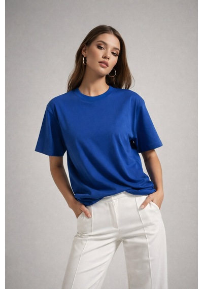 Kadın Saks Mavi %100 Pamuk Oversize Basic Tişört Rahat Kalıp Relaxed Bisiklet Yaka T-shirt Saks Mavi