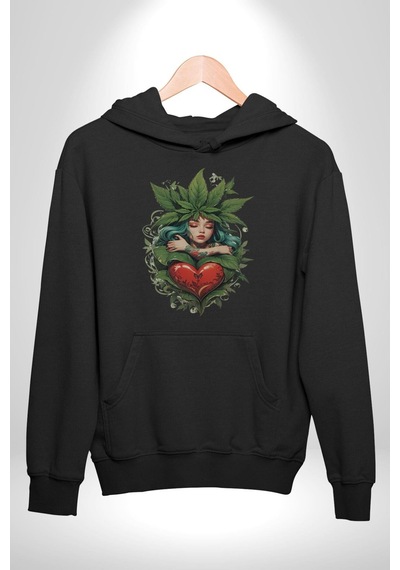 Kalp Parmak Kız Yeşillik Mutluluk Kadın Erkek Siyah Kapüşonlu Sweatshirt Hoodie Siyah