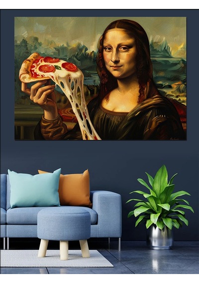 Pizza Dilimi Tutan Mona Lisa Dekoratif Kanvas - Mdf Ahşap Tablo