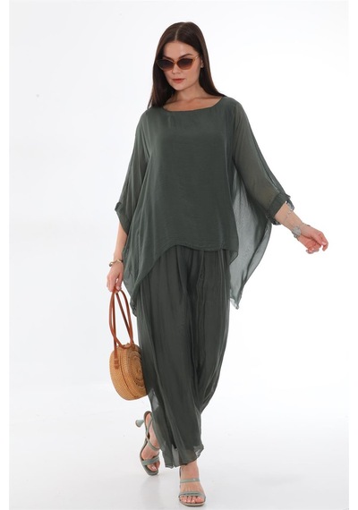 Bohem Stil İtalyan Yarasa Kol İpek Bluz & Pantolon Takım-8767 Koyu Haki
