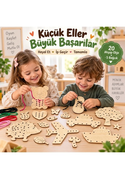 Eğitici Ahşap Ip Geçirme Örgü Seti 25 Parça Montessori El Kası Geliştirme