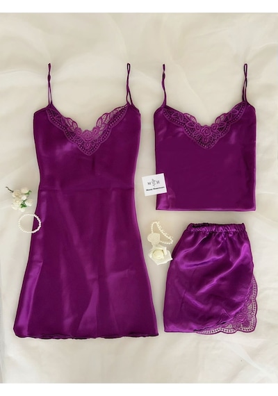 Mh Moony Homewears 3'lü Saten Mor Yakut Mor