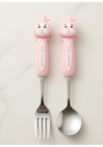 Sevimli Figürlü Premium Çocuk Bpa Free Paslanmaz Çelik Uçlu Çatal-kaşık Set 24+ Ay Açık Pembe