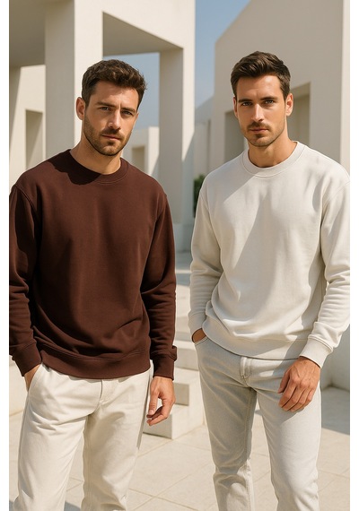Rich Erkek 2'li Paket Kahverengi - Krem Bisiklet Yaka Scuba Basic Sweatshirt Kahverengi