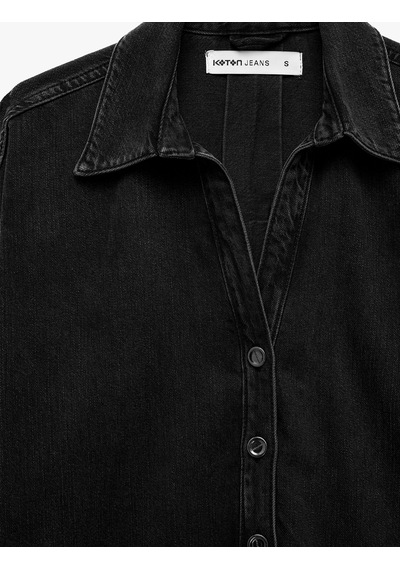 Koton Arkası Katlama Detaylı V Yaka Düğmeli 3/4 Kollu Oversize Denim Gömlek Siyah 7wal60012md Koton Arkası Katlama Detaylı V Yaka Düğmeli 3/4 Kollu Oversize Denim Gömlek Siyah 7wal60012md