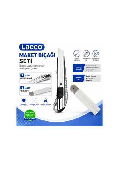 Lacco Alumunex Maket Bıçağı Seti 1 Maket Bıçağı + 1 Yedek Uç 18 Mm Alüminyum Gövde Profesyonel Kesici