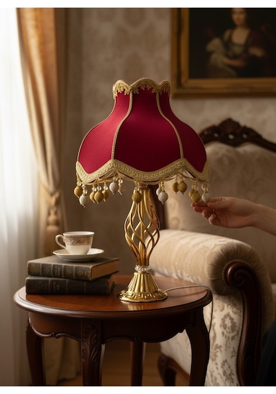 Kırmızı Kadife Şapkalı Gold Kaplama Ayaklı Klasik Model Abajur Klasik Dekoratif Aydınlatma 50x30cm