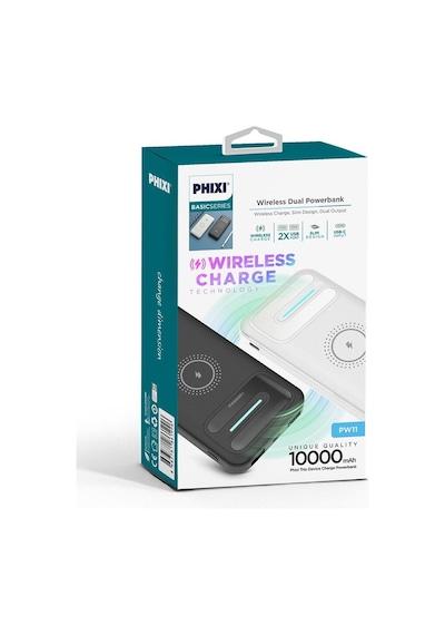 Phixi Basic PW11 10.000 mAh Wireless Şarj Çift Çıkışlı Led Göstergeli Powerbank Beyaz