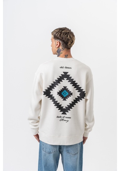 Respire Erkek Memory Baskılı Bisiklet Yaka Oversize Sweatshirt Ekru