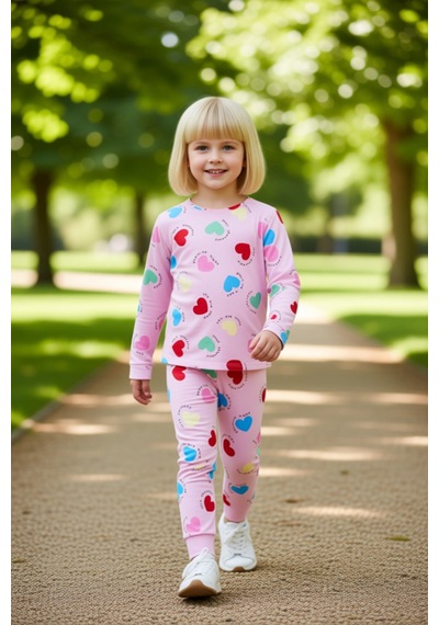 Ersefa Kız Çocuk Pamuk Polyester Örme Kalp Baskılı Pijama Takımı Kalitel Pembe