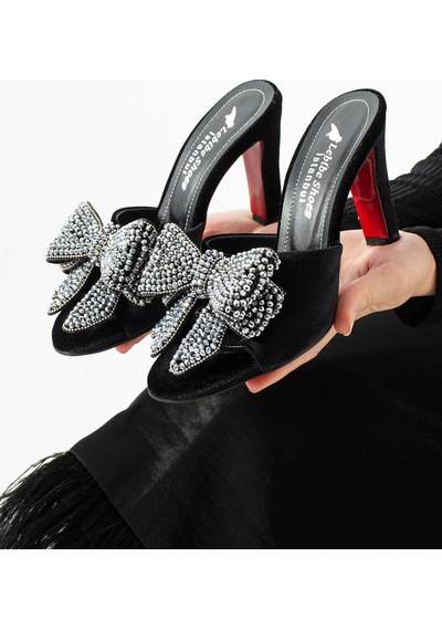 Lebibe Shoes Seravıa Kadın Siyah Kadife Taşlı Fiyonklu 9 Cm Topuklu Abiye Terlik