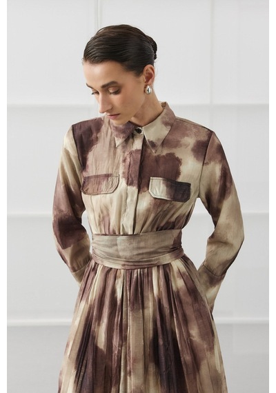 Molene Kahverengi Batik Desen Maxi Elbise