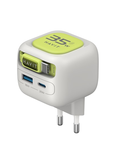 Havit Uc251 35w Gan Pd Hızlı Şarj Adaptörü - Geri Sarılan Usb-c Kablolu, Usb-a/usb-c Gri - Yeşil