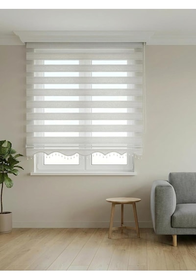 Pliseli Zebra Stor Perde Gümüş Simli Boncuklu Pls V01 Beyaz - Gümüş