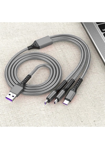 Hasır, 3 İn 1, Şarj Kablosu, Lightning & Micro Usb, Type-c, Apple Uyumlu iOS, - Gri