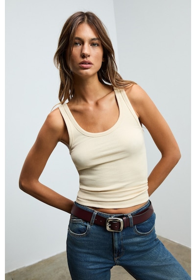 Ethıquet Lıllesol Kadın Fitilli Görünümlü Slim Fit Vücuda Oturan Havuz Yakalı Pamuklu Basic Bej Atle