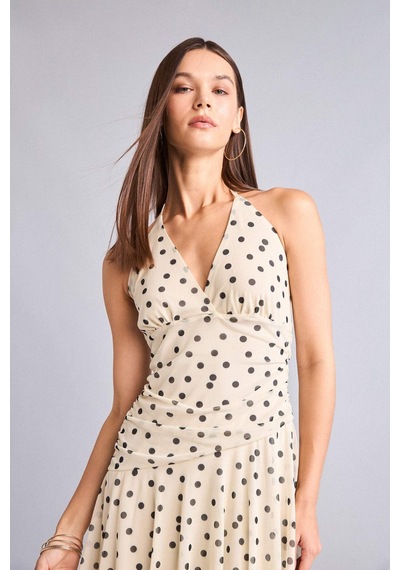 Defacto Halter Yaka Puantiyeli Tül Mini Elbise I0766ax26smer2 Ekru-er2