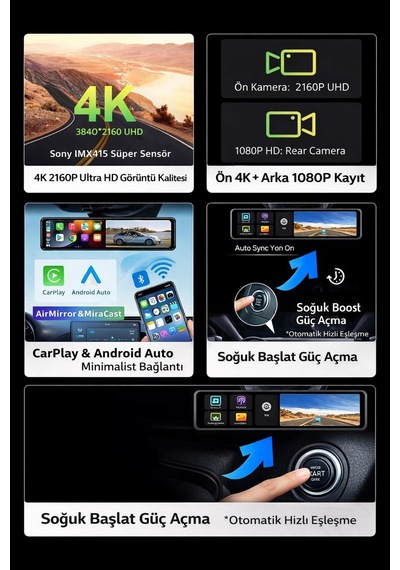 12 İnç 4k Aynalı Araç Kamerası Dvr Kablosuz Carplay Android Auto Sesli Komut Ips Çift Kamera