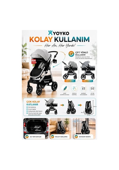 Yoyko Luxury İ-size Travel Sistem Bebek Arabası 3 İn 1 Gri Silver