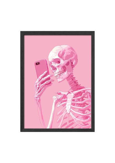 İskelet Selfie Doğal Ahşap Çerçeveli Poster, Dekoratif Pembe Duvar Tablosu