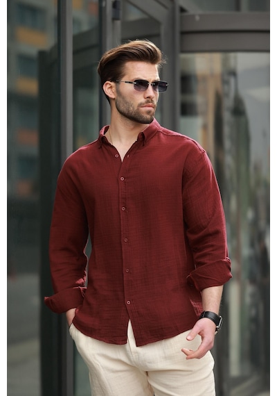 Madmext Bordo Basic %100 Pamuklu Uzun Kollu Erkek Gömlek E6761 Bordo
