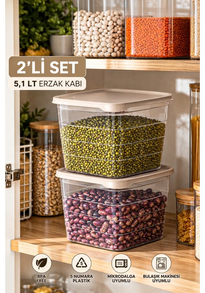Porsima 0975 2'li Kare Erzak Saklama Kabı Seti 5,1 Lt Cafe Latte - Şeffaf Bakliyat, Deterjan & Mutfak Düzenleyici Kutu Kahverengi