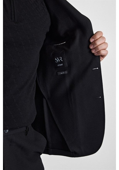 Süvari Siyah Slim Mono Yaka Düz Torba Cep 6 Drop Takım Elbise Tk1006900401-s09