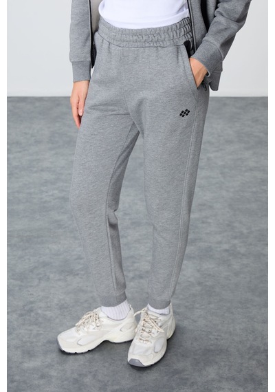Tommy Life Gri Melanj Kompakt Pamuklu Kalın Pürüzsüz Dokulu Kapüşonlu Oversize Fit Kadın Eşofman Takım - 95343 GRİ MELANJ