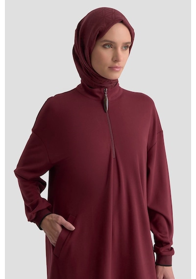 Armine Trend Yarım Fermuarlı Kolları Ribanalı Cepli Örme Tunik Bordo 25kt461 Bordo
