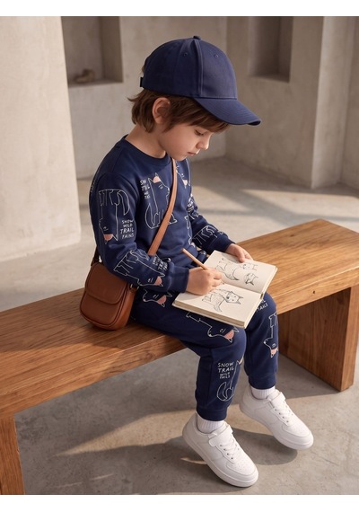 Zekids Erkek Çocuk Yumuşak Dokulu Baskılı Eşofman Takımı-17597 Lacivert