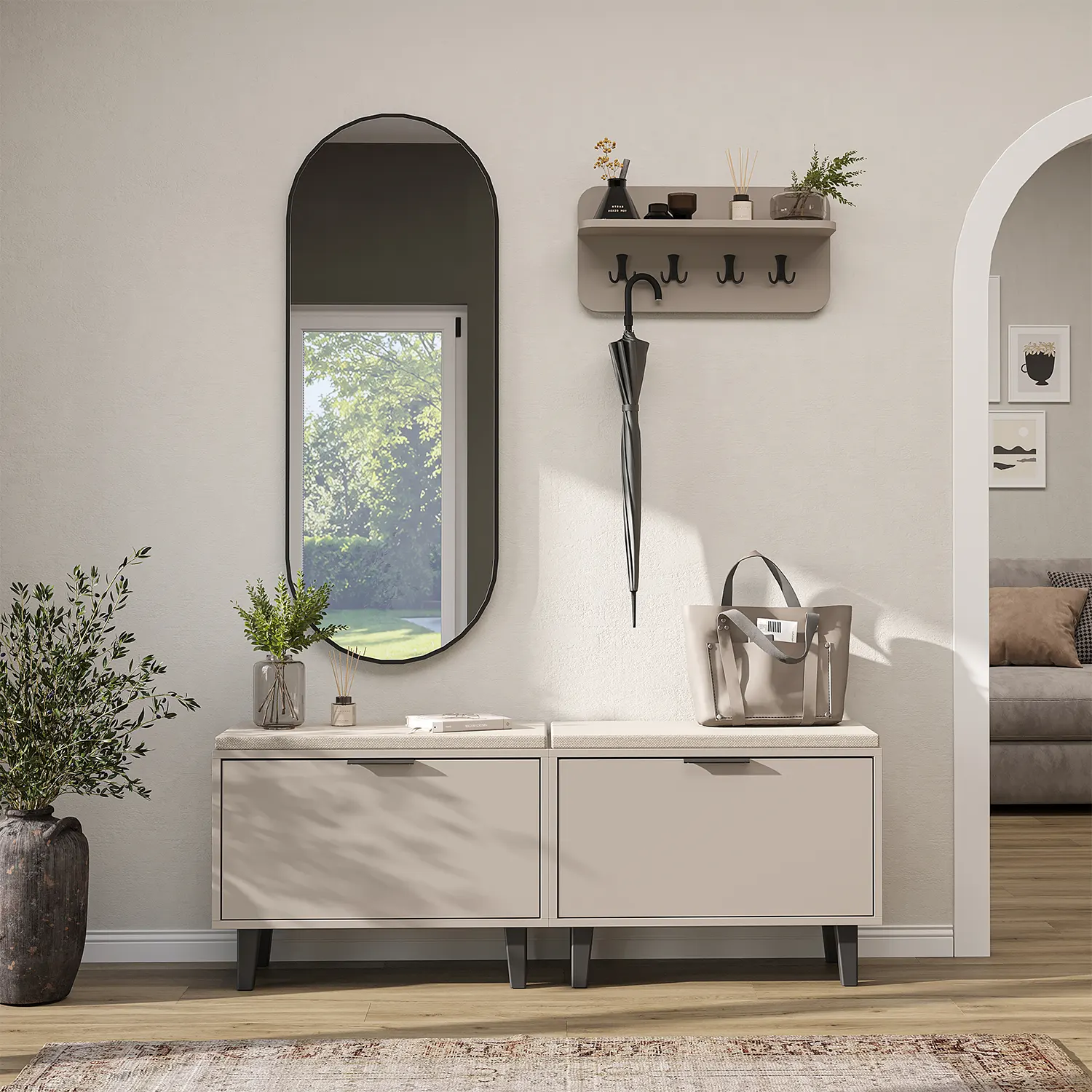 Nord Vestiyer Takımı Askılıklı, Kapaklı Bench, Modüler, Oval Aynalı Portmanto Takımı Kumtaşı Nord Vestiyer Takımı Askılıklı, Kapaklı Bench, Modüler, Oval Aynalı Portmanto Takımı Kumtaşı