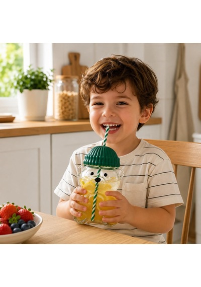 Orret Home 580 Ml Ayıcık Desenli Cam Bardak Pipetli Silikon Kapak Şeffaf Cam