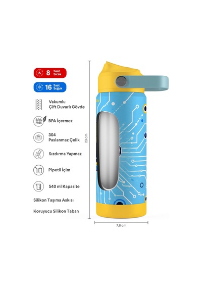 Puccon 540 Ml Robot Baskılı Sarı Erkek Çocuk Pipetli Çelik Termos Matara/suluk - 60066