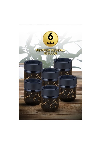 Grimorlife 6 Adet Siyah Bronz Mermer Desenli Dekoratif Cam Kokusuz Küllük Kül Tablası Seti 425 Cc