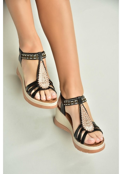 Fox Shoes U258916109 Siyah Dolgu Tabanlı Kadın Sandalet Siyah