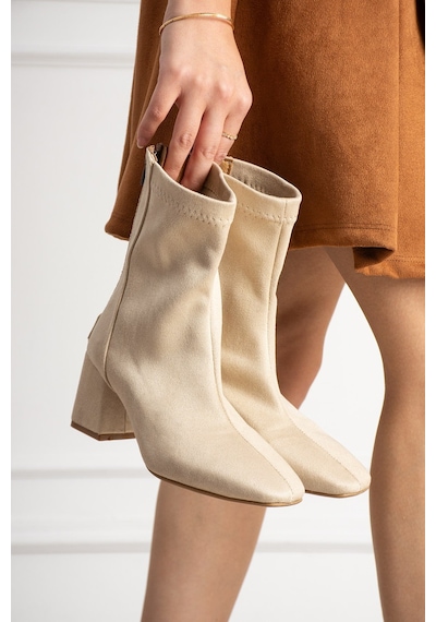 Dabab Shoes Lara Kadın Bej Süet Streç Küt Burun Fermuarlı 6 Cm Kalın Topuklu Bot Bootie