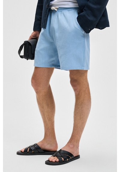 Grimelange LEYTON Erkek Relaxed Fit Çift Cepli Beli Lastikli Keten Karışımlı Dokuma Mavi Şort & Bermuda