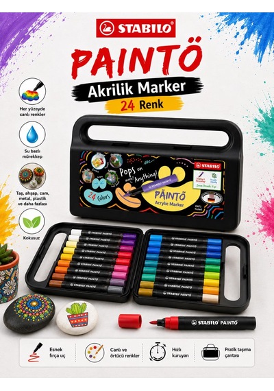 Stabilo 791/24 Paınto 24 Renk Akrilik Marker Seti Su Bazlı Çok Yüzeyli Boya Kalemi Çantalı Çok Renkli