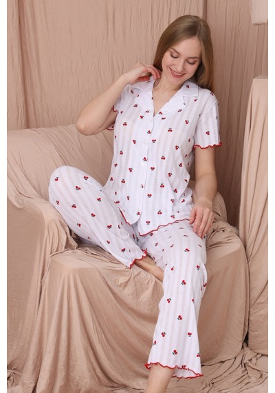 Wordex Mirano 1702 Kiraz Desenli Pointel İnce Kumaş Düğmeli Kısa Kollu Kadın Pijama Takımı Beyaz Wordex Mirano 1702 Kiraz Desenli Pointel İnce Kumaş Düğmeli Kısa Kollu Kadın Pijama Takımı Beyaz