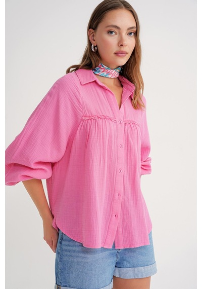 Mixray 4677 Kadın Dantel Detaylı Müslin Gömlek Pembe