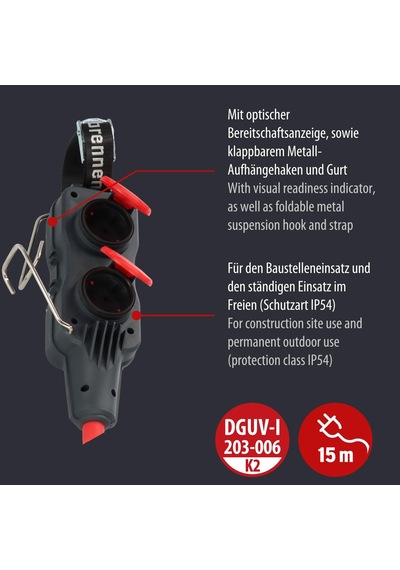 Brennenstuhl Profesyonel Powerblock Serisi Ip54 Lisanslı Asma Aparatlı 4 Soketli 15 Metre Kablolu Seyyar Uzatma Priz H07rn-f 3g1.5