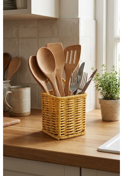Plentiful Kare Hasır Dokulu Plastik Rattan Kaşıklık & Çatallık Askılı Kendiliğinden Tutmalı Çok Amaç Sarı