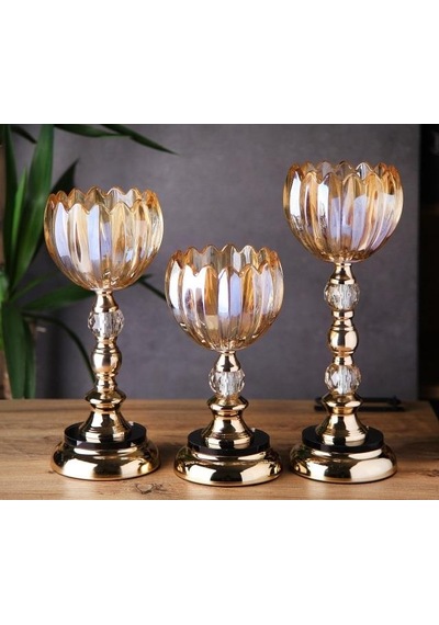 3 Lü Kristal Cam Şamdan, Vazo Gold Metal Ayak 4470