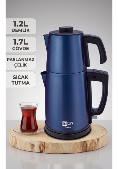 Egetürk Teadem 2000w Elektrikli Çay Makinesi, Çaycı 1.7l Su Isıtıcısı .2l Demlik Paslanmaz Çelik Mavi