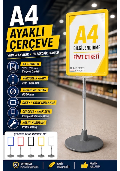 A4 Ayaklı Çerçeve Seti Yuvarlak Tabanlı Teleskopik Fiyat Etiketi Standı Sarı