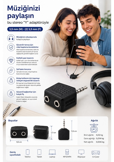Philips Swa2551w/10 3.5mm Stereo Kulaklık Çoklayıcı Y Splitter Adaptör 1 Erkek 2 Dişi